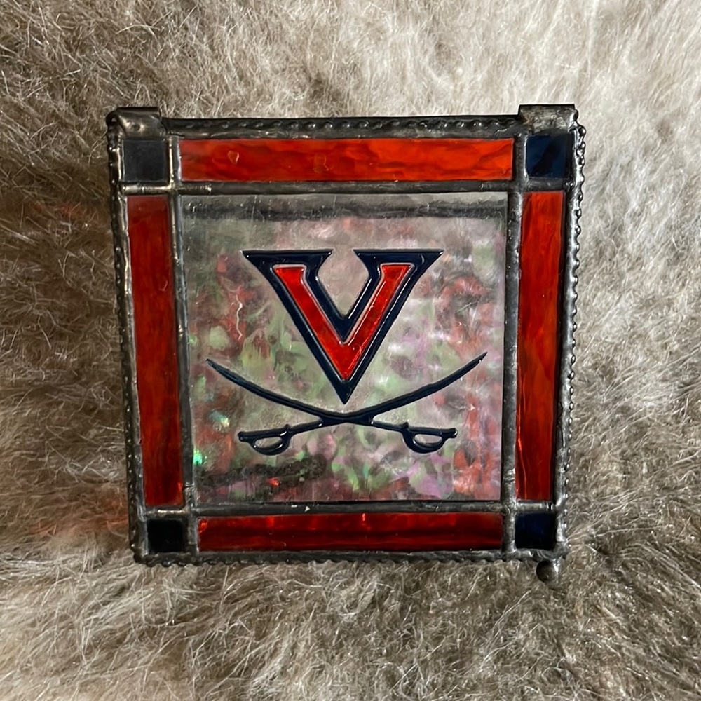 UVA University of Virginia Cavaliers Crossed Sabers Stained Glass Container